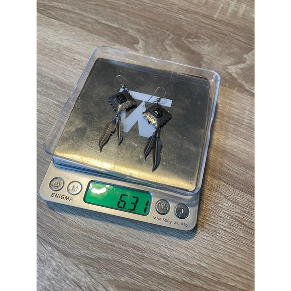 Navajo earring sterling 9.25 silver w/onyx stone center - Picture 4 of 5